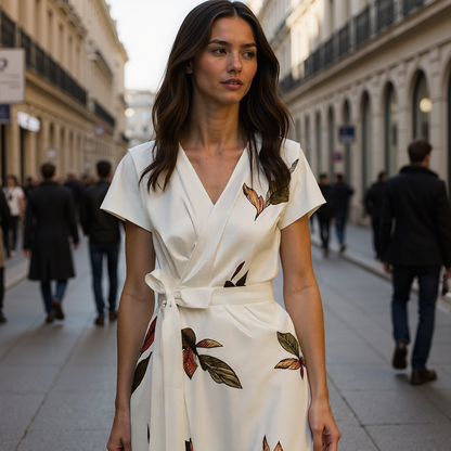 Midi Jurk Dames met Bladerenprint en V-hals - Korte Mouwen