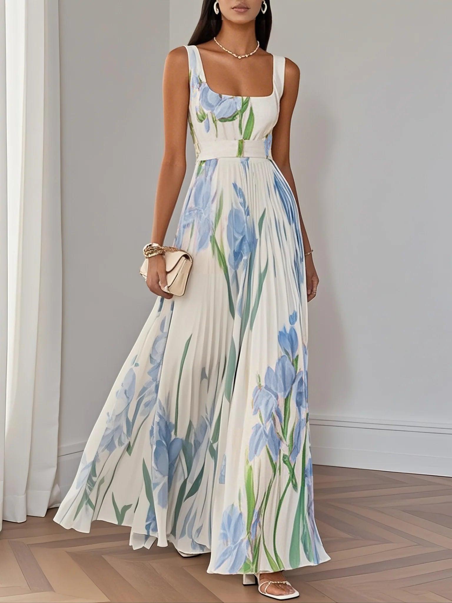 Witte Geplooide Bloemen Maxi Jurk Dames met Vierkante Hals – Mouwloos, A-Lijn, Volledig Gevoerd 2