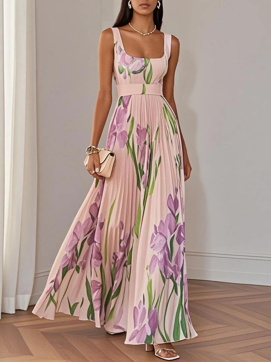 Witte Geplooide Bloemen Maxi Jurk Dames met Vierkante Hals – Mouwloos, A-Lijn, Volledig Gevoerd 3