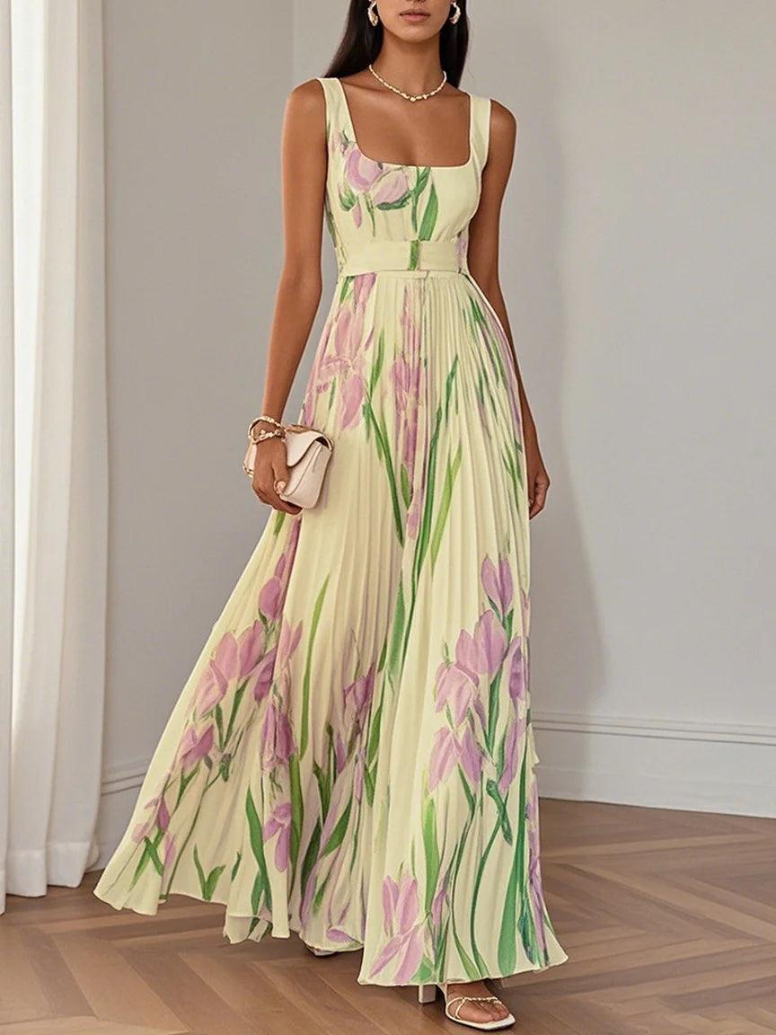 Witte Geplooide Bloemen Maxi Jurk Dames met Vierkante Hals – Mouwloos, A-Lijn, Volledig Gevoerd 4