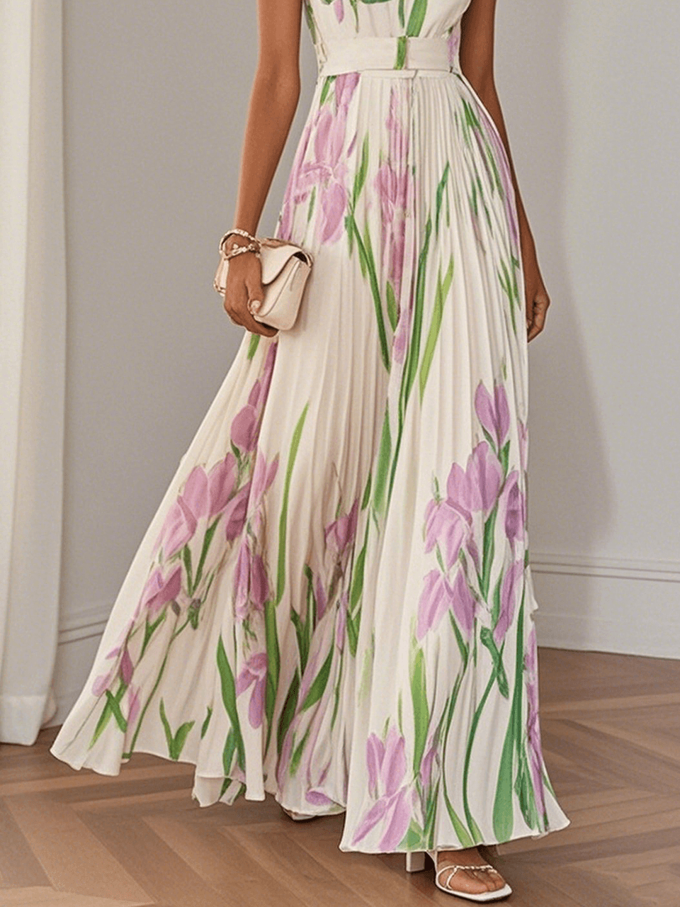 Witte Geplooide Bloemen Maxi Jurk Dames met Vierkante Hals – Mouwloos, A-Lijn, Volledig Gevoerd 6
