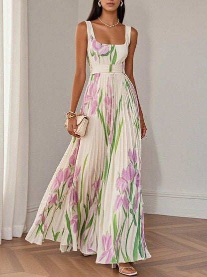 Witte Geplooide Bloemen Maxi Jurk Dames met Vierkante Hals – Mouwloos, A-Lijn, Volledig Gevoerd 7
